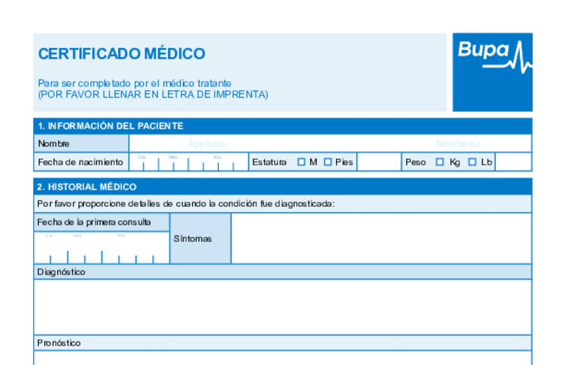 Vista previa del certificado médico de Bupa en blanco