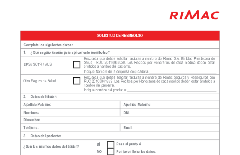 Vista previa del formato de reembolso de Rimac en blanco