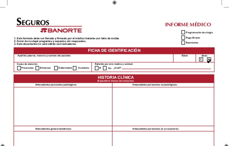 Vista previa del informe médico de Seguros Banorte en blanco