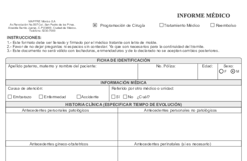 Vista previa del informe médico de MAPFRE en blanco