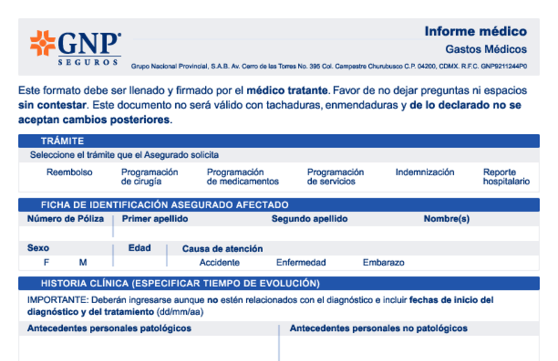 Vista previa del informe médico de GNP Seguros en blanco