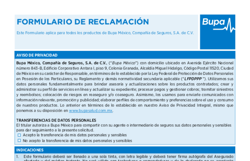 Vista previa del formato de reembolso de Bupa en blanco