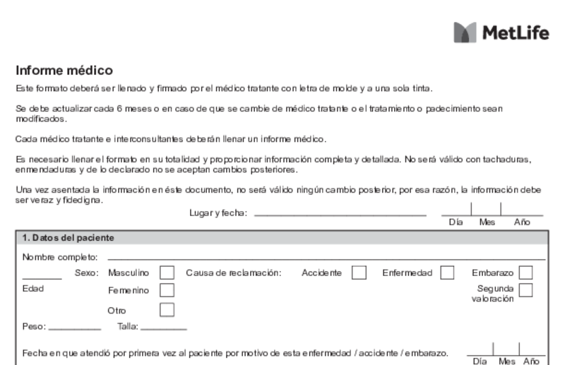 Vista previa del informe médico de MetLife en blanco