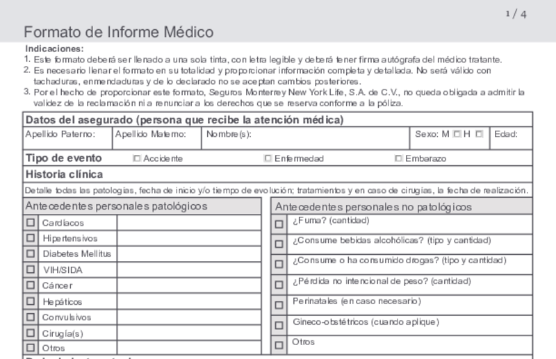 Vista previa del informe médico de Seguros Monterrey New York Life en blanco